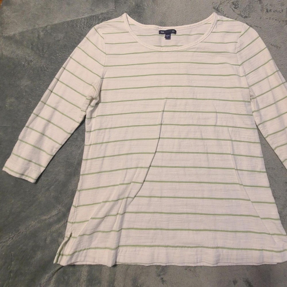 Gap Womens White Green Striped Slub Knit Scoop Neck Button Cuff Top Size M